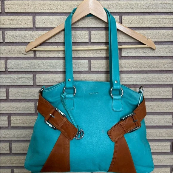 Aqua/Camel Leather Bag - NEW - Nappa Leather Handbag - Leather Purse - Picture 2 of 15